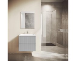 Saniclass Prime Blend Badkamermeubelset - 60x55x46cm - 1 rechthoekige keramische wasbak wit - 1 kraangat - 2 lades - rechthoekige spiegel - mat greige (grijs)