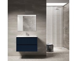 Saniclass Prime Blend Badkamermeubelset - 80x55x46cm - 1 ovale keramische wasbak wit - 1 kraangat - 2 lades - rechthoekige spiegel - mat marine blauw