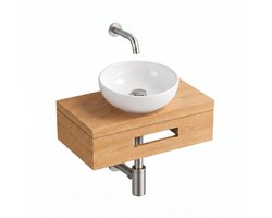 Saniclass Terra Fonteinplank - 40x25x10cm - met handdoekhouder - waskom (glans) - fonteinkraan - afvoerplug - sifon - sandwood (licht eiken)