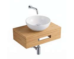 Saniclass Terra Fonteinplank - 40x25x10cm - met handdoekhouder - waskom (glans) - fonteinkraan (chroom) - afvoerplug - sifon - sandwood (licht eiken)