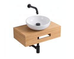 Saniclass Terra Fonteinplank - 40x25x10cm - met handdoekhouder - waskom (glans) - fonteinkraan (mat zwart) - afvoerplug - sifon - sandwood (licht eiken)