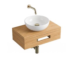 Saniclass Terra Fonteinplank - 40x25x10cm - met handdoekhouder - waskom (glans) - fonteinkraan (messing) - afvoerplug - sifon - sandwood (licht eiken)