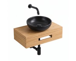 Saniclass Terra Fonteinplank - 40x25x10cm - met handdoekhouder - waskom (zwart) - fonteinkraan - afvoerplug - sifon - sandwood (licht eiken)