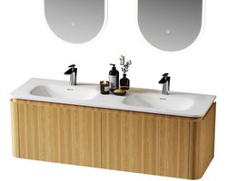 Saniclass Terra Wastafelonderkast - 140cm - 4 lades - wastsafel solid surface - 2 wasbakken - 2 kraangaten - afgeronde hoeken - sandwood (Licht eiken)