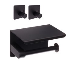 Sanics® WC Rolhouder Zwart – Toiletrolhouder zonder Boren – WC Papier Houder Met Plankje - Zelfklevend - RVS - +2 Zelfklevende Handdoekhaakjes