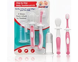 Sanitral Baby's First Toothbrush Kit - Stap voor stap tandenborstelset 0-2 jaar - Veiligheidsgetest en BPA-vrij 3-pack (vinger-tandenborstel voor baby's, siliconen tandenborstel voor baby's en peutertandenborstel) - Roze