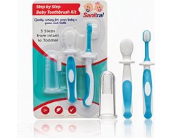 Sanitral Baby's First Toothbrush Kit - Stap voor stap tandenborstelset 0-2 jaar - Veiligheidsgetest en BPA-vrij 3-pack (vinger-tandenborstel voor baby's, siliconen tandenborstel voor baby's en peutertandenborstel) - Blauw