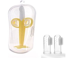 Sanitral Complete baby-banaan-tandenborstelset, 2-delige siliconen vingertandenborstel, peutertraining-vingertandenborstels met opbergdoos voor baby's (0-24 maanden)