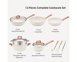Sannaila 12-delige Pannenset – PFAS-vrij – Geschikt voor Inductie & Alle Warmtebronnen – Duurzame Anti-aanbak Kookset - Beige