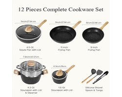 Sannaila 12-delige Pannenset – PFAS-vrij – Geschikt voor Inductie & Alle Warmtebronnen – Duurzame Anti-aanbak Kookset - Zwart
