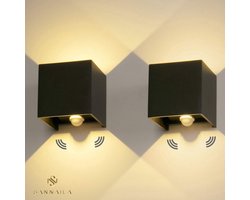 Sannaila LED Wandlamp met Bewegingssensor - 2 stuks – Buitenlamp IP65 – Warm Wit Licht – 6W – Instelbare Lichtbundel – Zwart