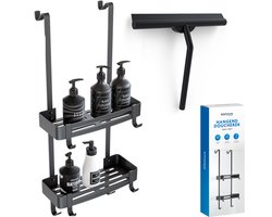 Sanova Hangend Doucherek Met Douchewisser - Zonder Boren - Anti Kras Strips - Zwart - RVS - 2 Laags