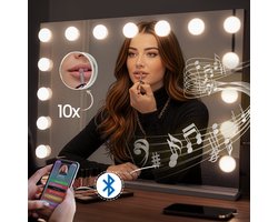 Sansbeauté® Hollywood Spiegel 58x43cm met Bluetooth - Make Up Spiegel met Verlichting - 15x Led Lampen - 10x Vergroting - Vanity Spiegel - Mirror with Light - Miroir Mural - Makup Spiegel - Mekup Spiegel met Licht - Visagie Mirror - Dimbaar