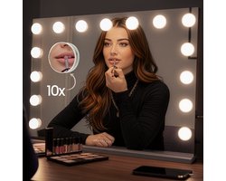 Sansbeauté® Hollywood Spiegel 58x43cm met Verlichting - Make Up Spiegel met Verlichting - 15x Led Lampen - 10x Vergroting - Vanity Spiegel - Mirror with Light - Miroir Mural - Makup Spiegel - Mekup Spiegel met Licht - Visagie Mirror - Dimbaar