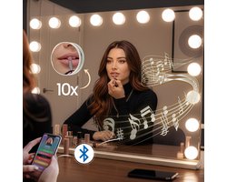 Sansbeauté® Hollywood Spiegel 80x60cm met Bluetooth - Make Up Spiegel met Verlichting - 18x Led Lampen - 10x Vergroting - Vanity Spiegel - Mirror with Light - Miroir Mural - Makup Spiegel - Mekup Spiegel met Licht - Visagie Mirror - Dimbaar