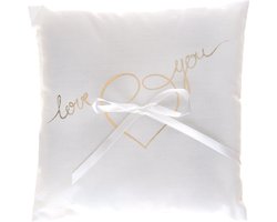 Santex Bruiloft/huwelijk trouwringen kussentje/ringkussen - satijn wit - 18 x 18 cm - Love you tekst