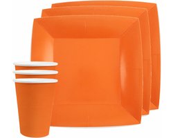 Santex feest/verjaardag servies set - 10x gebaksbordjes en bekertjes - oranje - karton