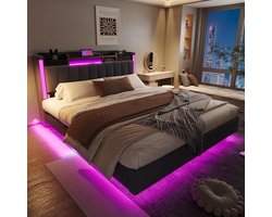 Sapgaks Gestoffeerd bed 160 x 200 cm, hoofdeinde met opbergruimte en USB-stopcontact, bed met ledverlichting, linnen stof, grijs (matras niet inbegrepen)