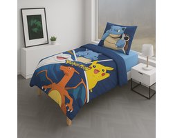 Saphira Dekbedovertrek 140x200/220 cm – 100% Katoen – Inclusief Kussensloop – Donkerblauw – Pokémon Blastoise & Charizard Design – Strijkvrij, Krimpvrij & Kleurecht