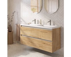 Saqu Gaia badmeubel incl. dubbele glans witte wastafel 120x51x64cm eiken marcato – aluminium greeplijst