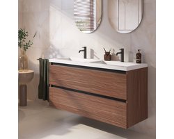 Saqu Gaia badmeubel incl. dubbele glans witte wastafel 120x51x64cm noten urban – zwarte greeplijst