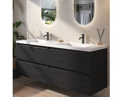 Saqu Gaia badmeubel incl. dubbele glans witte wastafel 160x52x64cm eiken zwart – zwarte greeplijst