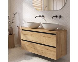 Saqu Gaia badmeubel incl. dubbele mat grijze keramische waskommen 120x51x79cm eiken marcato – zwarte greeplijst