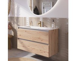 Saqu Gaia badmeubel incl. glans witte keramische wastafel 100x46x61cm naturel eiken – aluminium greeplijst