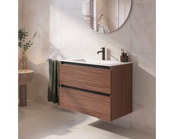 Saqu Gaia badmeubel incl. glans witte keramische wastafel 80x51x61cm noten urban – zwarte greeplijst