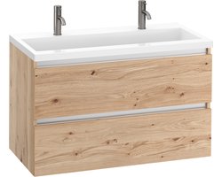 Saqu Gaia badmeubel incl. glans witte wastafel 100x52x64cm naturel eiken – aluminium greeplijst