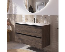 Saqu Gaia badmeubel incl. keramische wastafel 100x46x61cm kasteel bruin – zwarte greeplijst