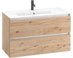 Saqu Gaia badmeubel incl. mat witte keramische wastafel 100x46x61cm naturel eiken – aluminium greeplijst