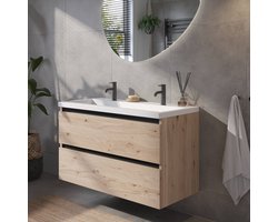Saqu Gaia badmeubel incl. mat witte wastafel 100x52x64cm naturel eiken – zwarte greeplijst