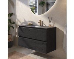 Saqu Gaia badmeubel incl. mat zwarte keramische wastafel 100x46x61cm eiken zwart – zwarte greeplijst