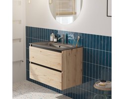 Saqu Gaia badmeubel incl. mat zwarte keramische wastafel 80x46x61cm naturel eiken – zwarte greeplijst