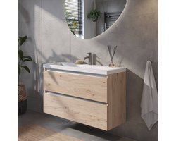 Saqu Gaia ondiep badmeubel incl. glans witte wastafel 100x40x64cm naturel eiken – aluminium greeplijst