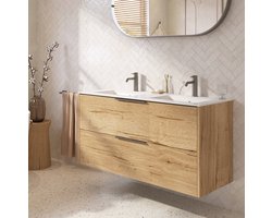 Saqu Lima badmeubel incl. dubbele glans witte keramische wastafel 120x51x61cm eiken marcato – gunmetal greep