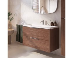 Saqu Lima ondiep badmeubel incl. glans witte wastafel 80x40x64cm noten urban – chromen greep