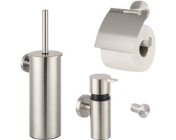 Saqu Nemo 4-delige Badkamer Accessoires - Geborsteld RVS - WC Borstel, Toiletrolhouder, Zeepdispenser en Handdoekhaak