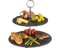 Sareva Etagere / Serveertoren Leisteen - 2-Laags serveertoren voor hapjes - Stijlvolle presentatie van snacks - Materiaal: Leisteen en RVS - Diameter: 200 & 220 mm - Hoogte: 250 mm - Tafelaccessoires - Keuken accessoires
