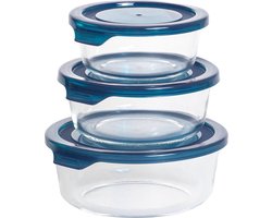 Sareva Glazen Vershoudbakjes To Go - Ronde Ovenschalen - Food Storage - Glas & Kunststof - Transparant/Blauw Luchtdicht - 400/600/900 ml