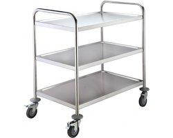 SARO RVS serveerwagen, keukentrolley, rolltafel voor zorg en horeca, 3 plateaus, met rem en stootranden