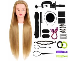 SassyGoods Kappershoofd Kappop Kapperspop Kaphoofd Oefenhoofd met Statief en Styling Accessoires - Blond Haar - 70 cm