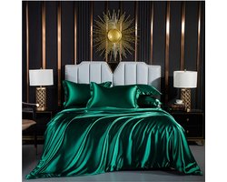 Satijnen beddengoed, 135 x 200 cm, groen, donkergroen, glanzend, eenkleurig, beddengoedsets zijde, glad, luxe dekbedovertrek, set, glanzend satijn, polyester, eenpersoonsbed met ritssluiting en kussensloop 80 x 80 cm