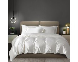 Satijnen beddengoed, 135 x 200 cm, wit, effen, glad, glanzend, zijde, luxe beddengoedset, dekbedovertrek en kussensloop 80 x 80 cm, met ritssluiting