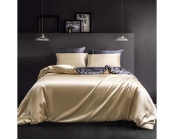 Satijnen beddengoed 220 x 240 cm beige donkergrijs - Effen zijde - Deluxe omkeerbaar beddengoed - 3-delig met ritssluiting dekbedovertrek 240 x 220 katoenen