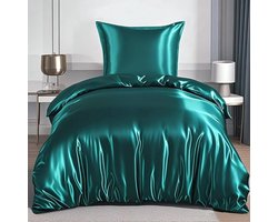 Satijnen Beddengoed - Zijdeglans Dekbedset - Comfortabele Slaapervaring - Beschermt Haar en Huid - 135 x 200 cm - Donkergroen