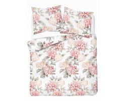 Satijnen Dekbedovertrek 160x200cm - Roze/Perzik Hortensia's