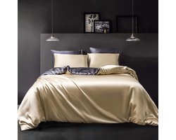 Satijnen Dekbedset - Zijdezacht Beddengoed - Luxe Slaapervaring - Omkeerbaar Design - 200x220 cm - Beige Donkergrijs