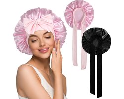 Satijnen haarkappen voor dames, 2 stuks, dubbelzijdige zijden kap om te slapen, krullen, slaapmuts, haarbescherming voor de nacht, elastisch, zacht, satijn, bonnet, verstelbare bonnet,